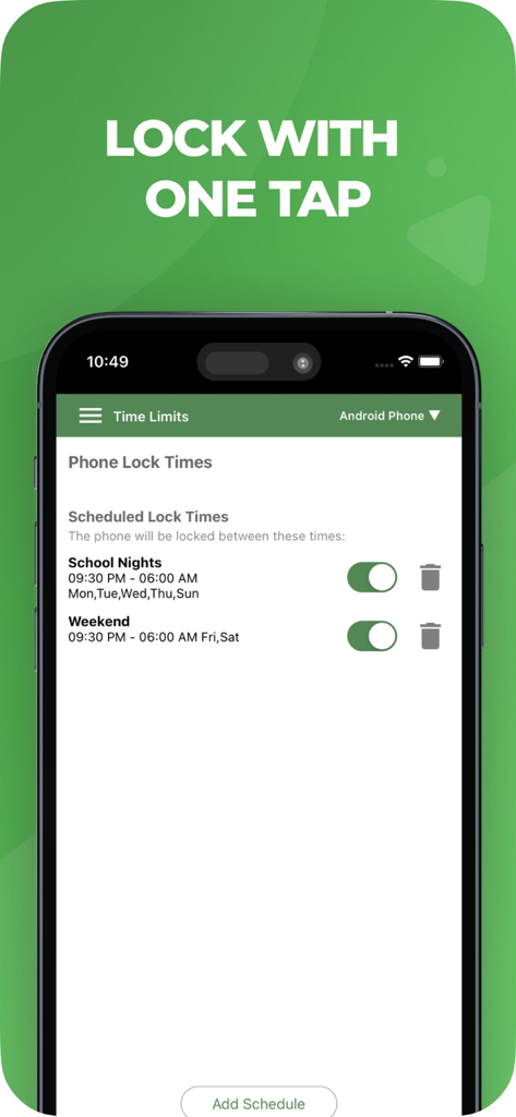 MMGuardian Parental Control - Interface de l'application MMGuardian montrant les horaires de verrouillage du téléphone programmés pour les soirs de semaine et les week-ends