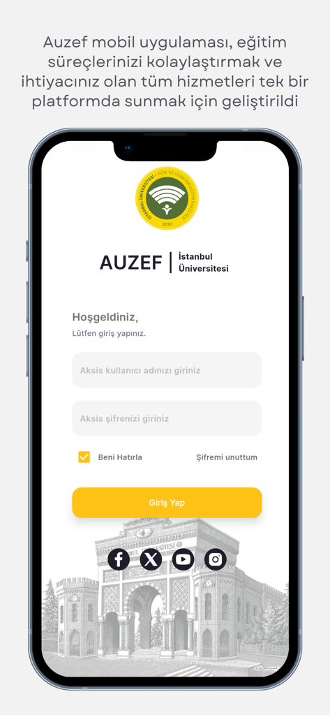 Login screen of the AUZEF mobile application for Istanbul University showing username and password fields.