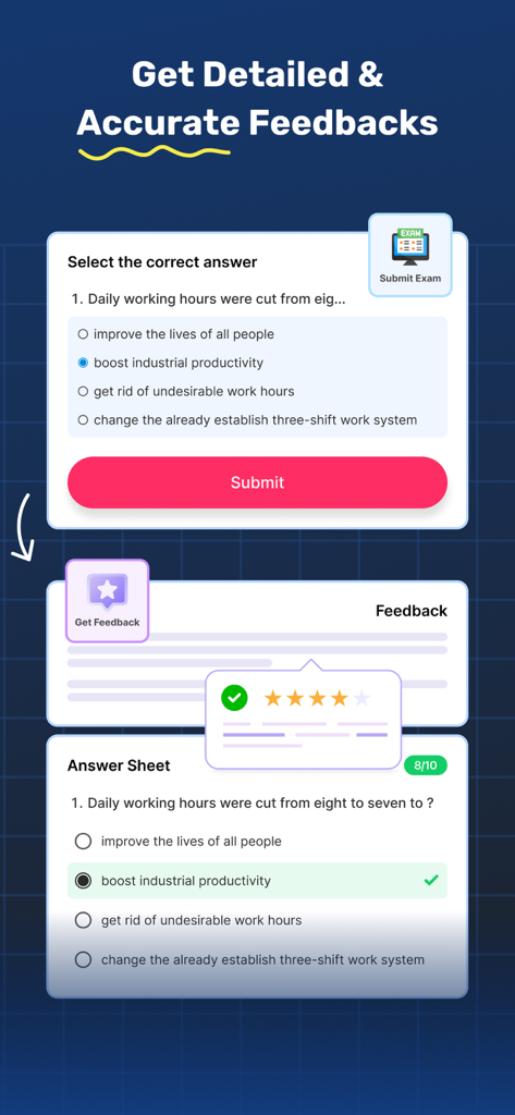 IELTS - Mock Test & AI Tutor - IELTS mock test screen showing a multiple choice question and detailed AI feedback.