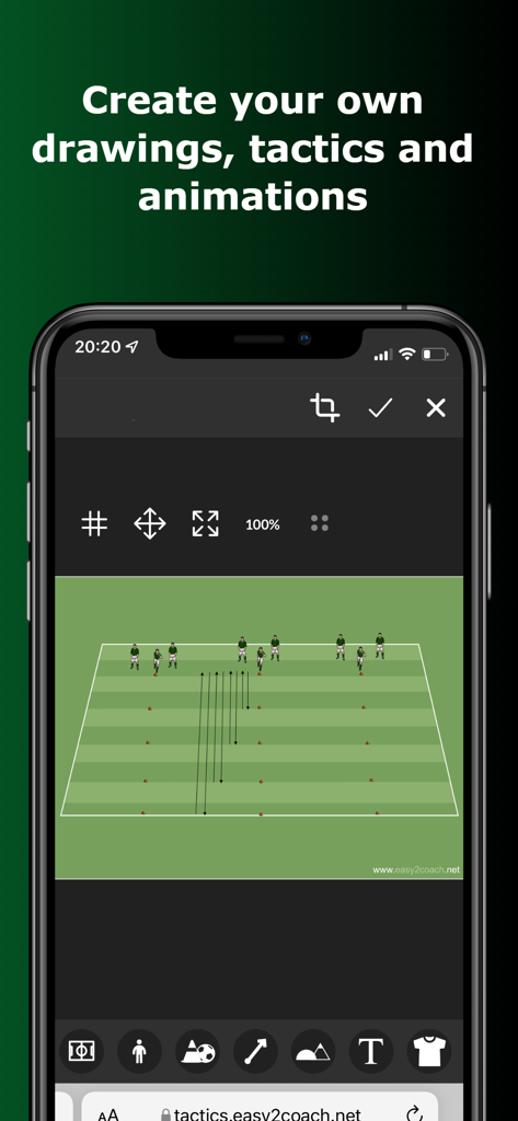 A mobile app interface showing a soccer field with tactical drawings and player icons for coaching.