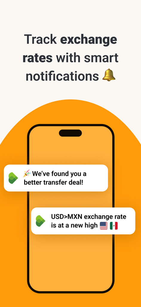 Monito: Money Transfer Deals - Smartphone screen showing Monito app smart notifications for exchange rate alerts and money transfer deals