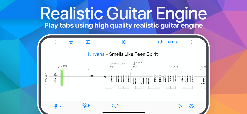 Songsterr 앱 인터페이스에 Nirvana 기타 탭과 현실적인 기타 엔진 재생 기능이 표시됩니다.