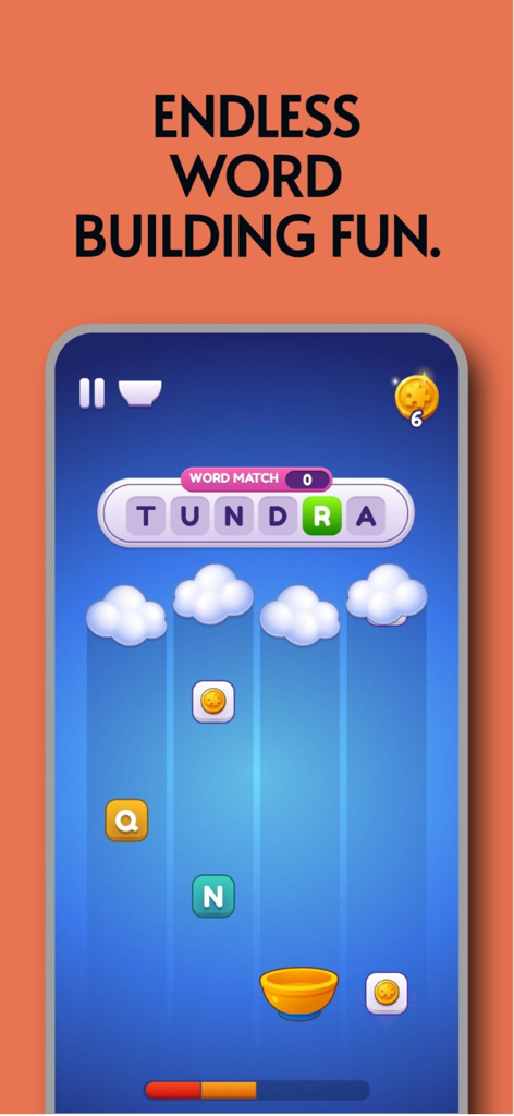 Una captura de pantalla del juego Worde Flow que muestra letras que caen y el titular 'diversión infinita construyendo palabras'