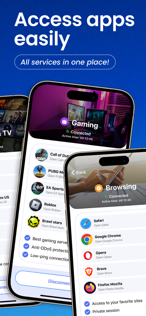 Interface of the VPN Lumos app showing features for secure mobile gaming and private web browsing
