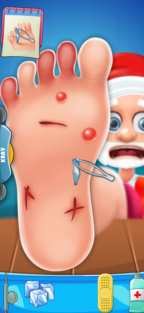 Medical Doctor Hospital Games - Gameplay de um jogo virtual de médico cirurgião de pé mostrando ferramentas médicas usadas para tratar o pé ferido de um paciente