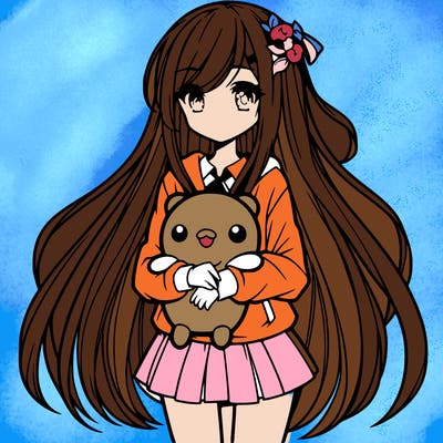 a girl with long hair holding a plushie also anime styled