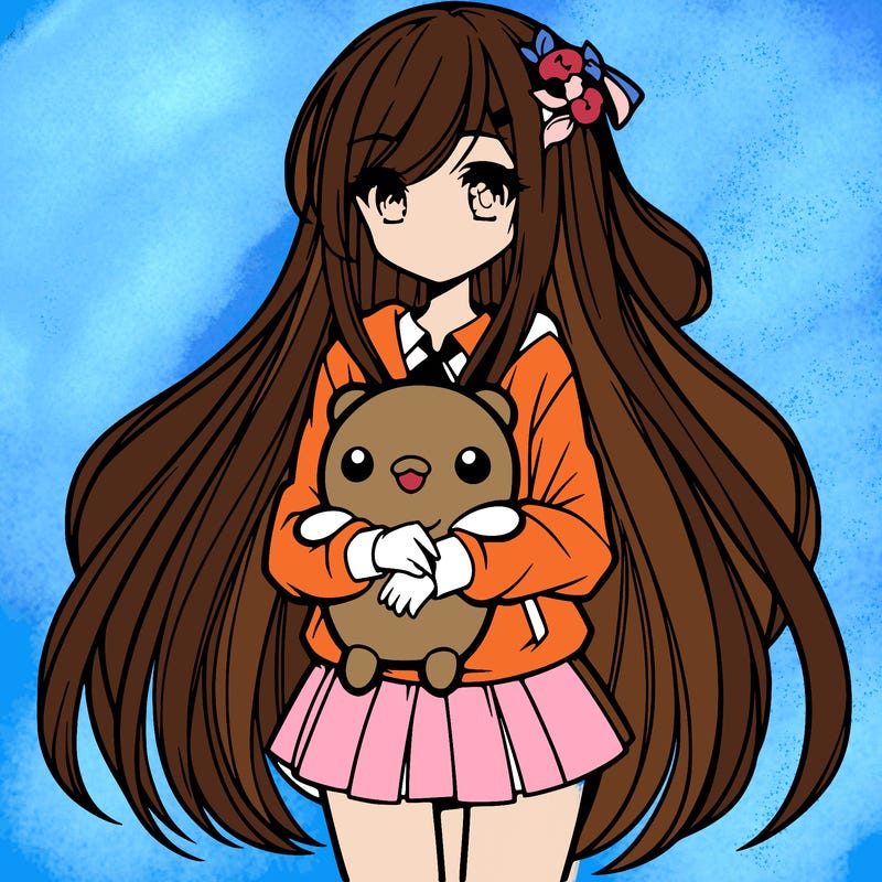 a girl with long hair holding a plushie also anime styled