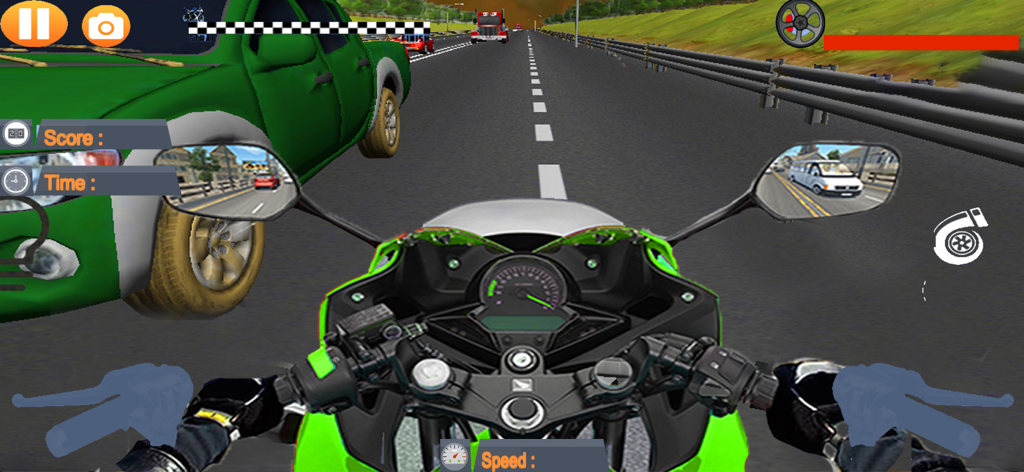 Moto Highway Traffic Racer - First person view of a green motorcycle driving through traffic on a highway
