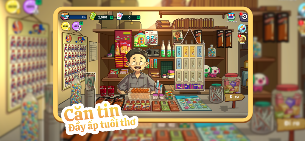 Trở Về Tuổi Thơ - Uma ilustração de desenho animado colorida de uma cantina infantil vietnamita tradicional com um lojista simpático e lanches vintage