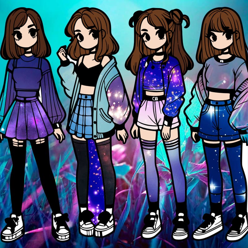 one girl with crop-top shirt and a jacket with a skirt, long socks and another girl with a shirt and pants with a jacket