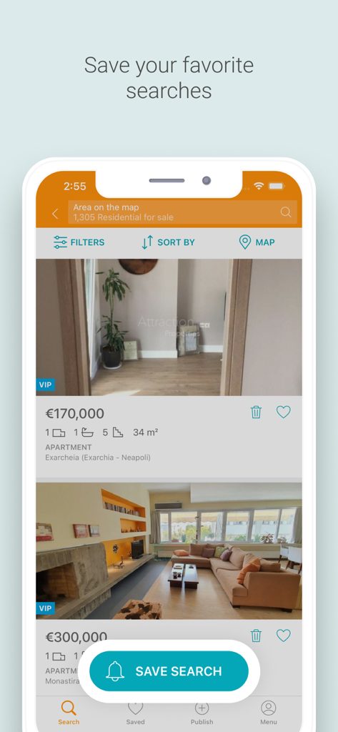 Interface of the Spitogatos app showing a list of properties in Greece with a prominent Save Search button.