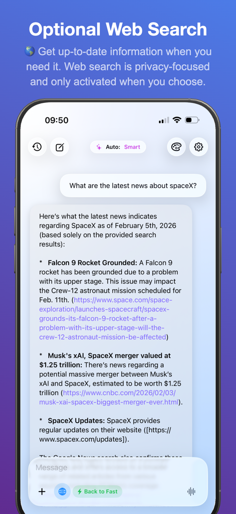 Solair AI app interface showing a secure web search about SpaceX news with summarized results and links
