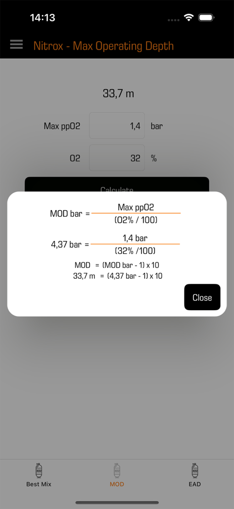 Scuba Gas Calculator - Scuba Gas Calculator app interface showing Nitrox Max Operating Depth calculation with a detailed formula explanation popup