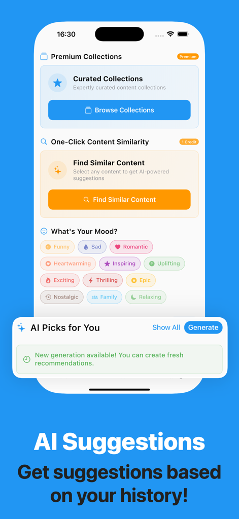 Watchlistfy: Track & Discover - Watchlistfy app interface displaying AI suggestions and mood based categories for movies and games.