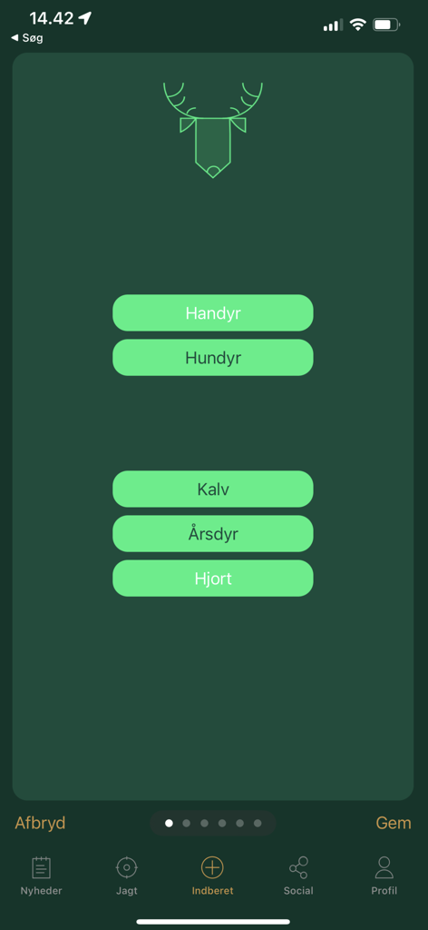 Jäger - Jagt & Jæger værktøjer - Pantalla de la aplicación Jäger mostrando opciones para reportar un animal cazado por categoría, como ciervo o ternero.