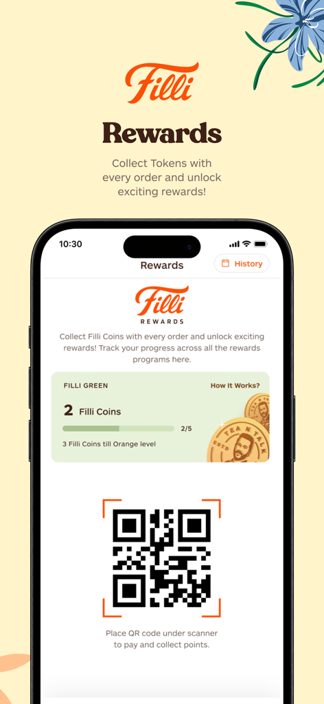 FiLLi - FiLLi app rewards page displaying loyalty coins and a payment QR code