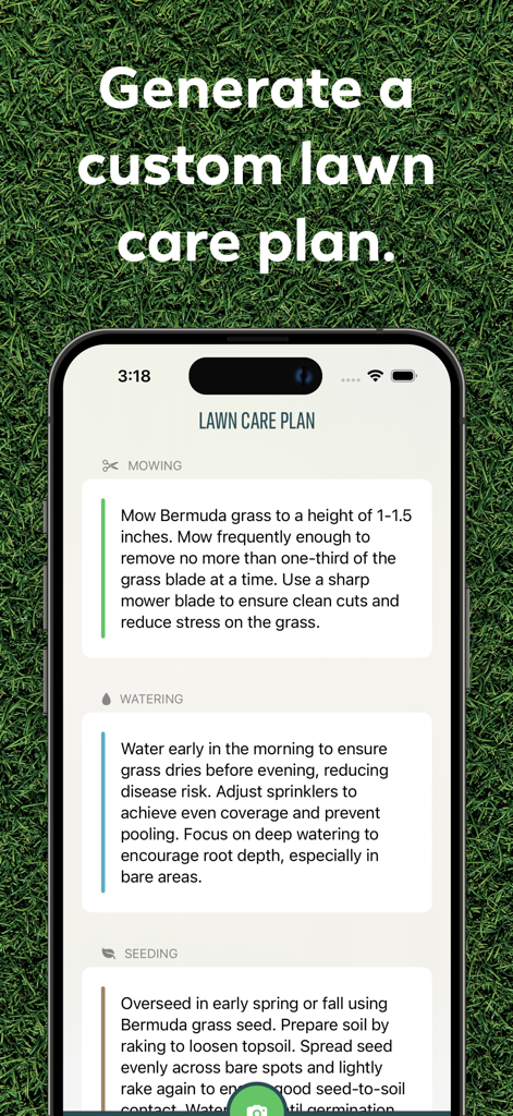 Lawn AI: Yard And Grass Care - Pantalla del smartphone que muestra la aplicación Lawn AI generando un plan de cuidado personalizado del césped con instrucciones detalladas para cortar, regar y sembrar.