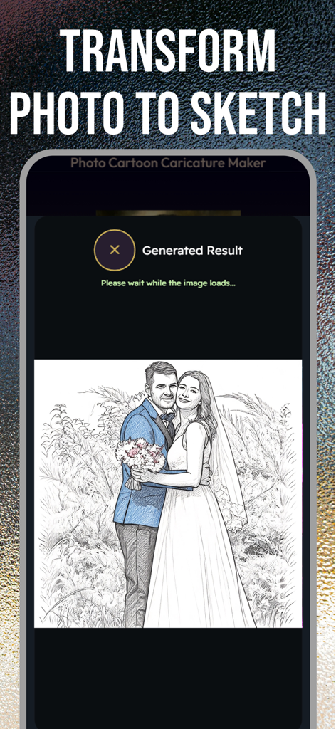 Caricature Maker - Toon Me Art - A wedding couple photo transformed into a detailed sketch illustration using AI in the Caricature Maker app