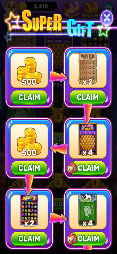 Daily Scratch:Fortune Flick - デイリースクラッチフォーチュンフリックのスーパーギフト画面。コインとスクラッチカードの報酬が表示されています。