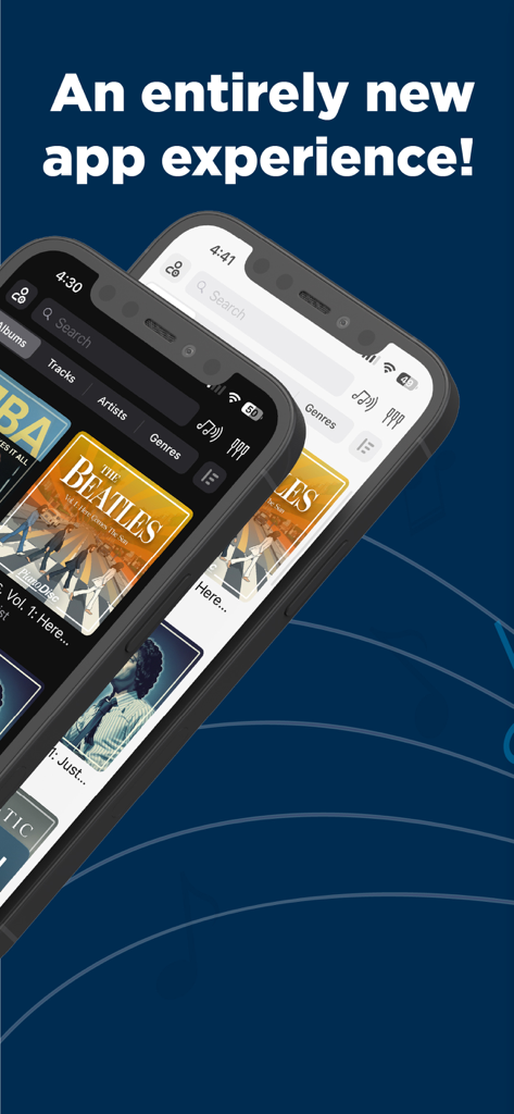 Two smartphones displaying the modern music library interface of the PianoDisc iQ Player app