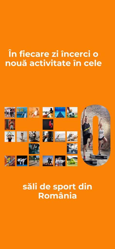 SanoPass app screen showing various fitness activities and access to 550 gyms in Romania