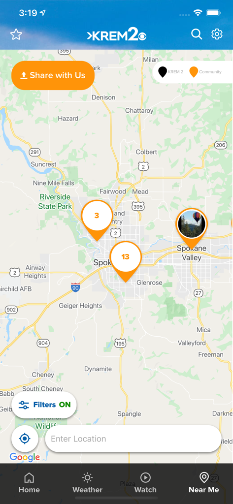 Spokane News from KREM - Interface of the Spokane News from KREM app displaying a local map with news story pins in the Spokane area