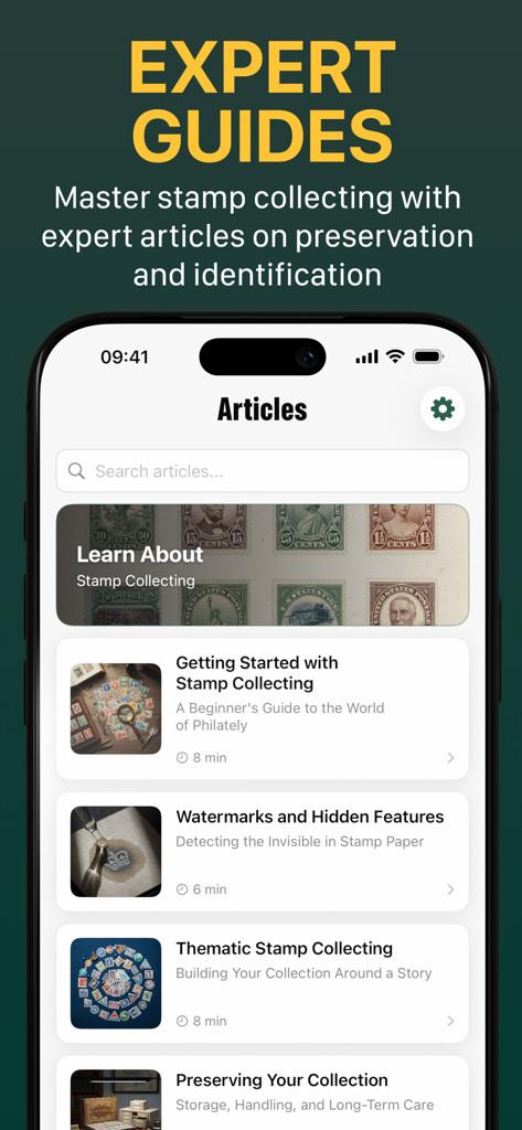 StampLens AI - Scan & Collect - Mobile screen displaying a list of expert articles and guides for stamp collectors within the StampLens AI app