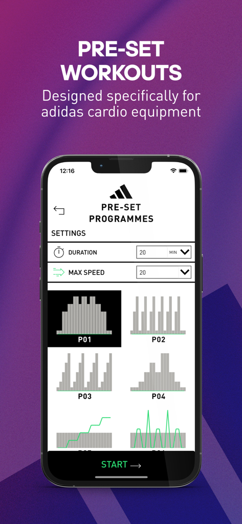 adidas Console+ - Smartphone-Bildschirm mit voreingestellten Trainingsprogrammen und Intensitätsgraphen in der adidas Console plus App
