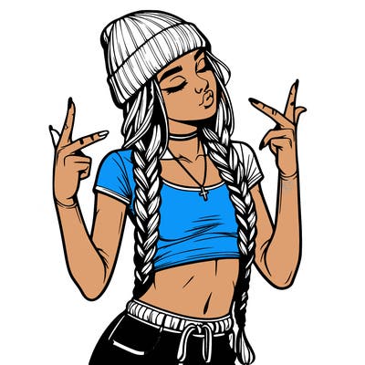 realistic teenage girl with braids and a beanie and crop top doing 🫶🏼