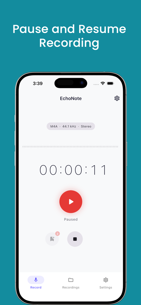 EchoNote app interface showing the pause and resume recording feature on an iPhone