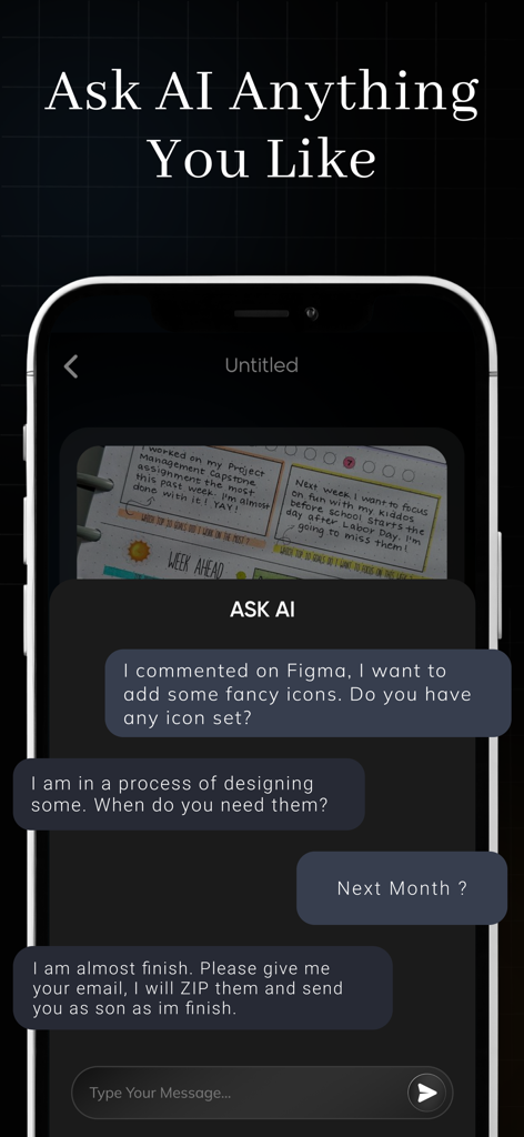 AI Note Taker : Voice Note AI - Ein Screenshot der AI Note Taker App, der eine interaktive Chat-Oberfläche mit dem Titel „Fragen Sie die KI alles, was Sie möchten“ zeigt, in der ein Benutzer mit einem künstlichen Intelligenzassistenten kommuniziert.