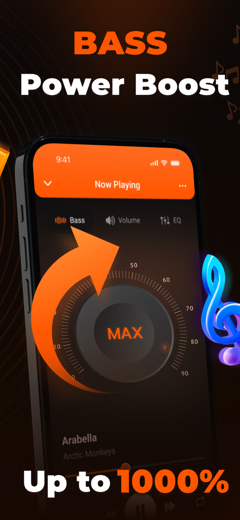 Volume Booster & Bass: Bassify - Bassify mobile app interface showing a bass power boost dial set to maximum
