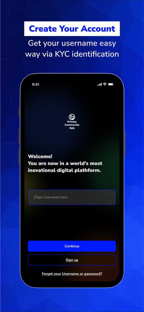 MyVoiceCounts - Una pantalla de registro para la aplicación móvil MyVoiceCounts en un iPhone que muestra un campo de entrada de nombre de usuario y botones para crear cuenta.