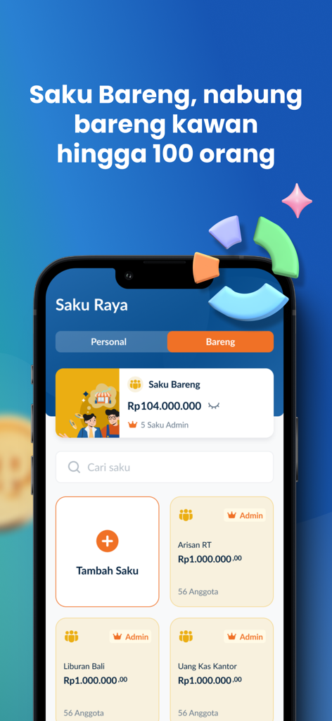 Raya Digital Bankアプリの「Saku Bareng」共同貯蓄機能を示すスマートフォン。グループの財務目標向けです。