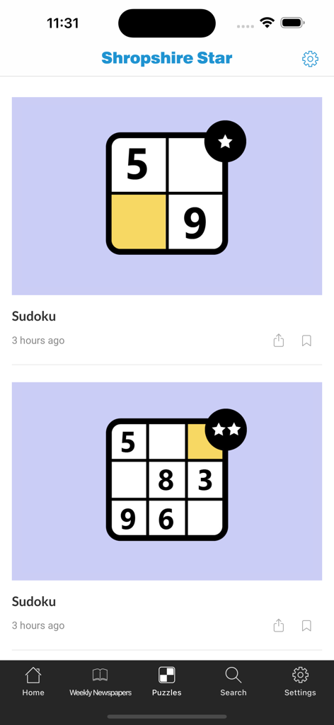 Shropshire Star Newspaper - The puzzles section of the Shropshire Star newspaper app showing two different Sudoku game options.