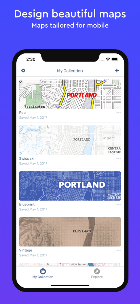 Mapbox Studio Preview - A mobile phone screen showing a collection of custom map styles in the Mapbox Studio Preview app