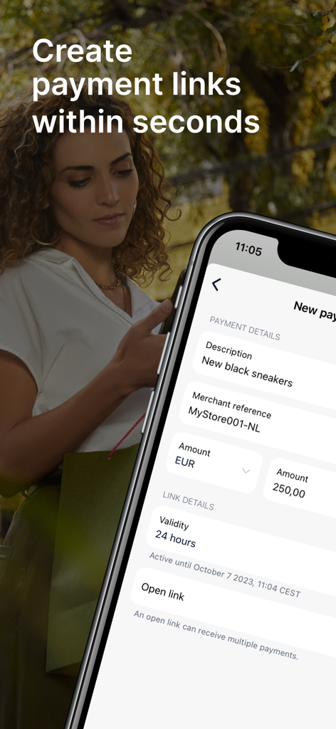 Boutique owner creating a secure mobile payment link for a customer transaction on her smartphone.