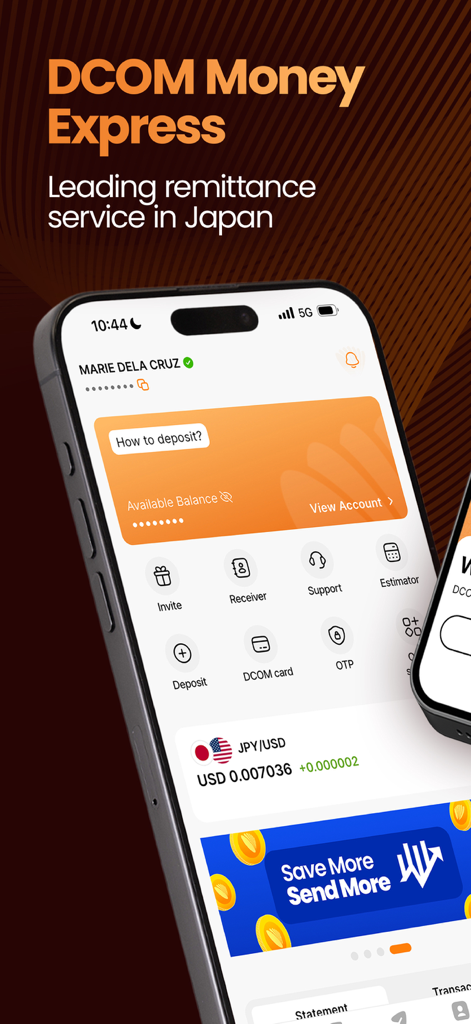 DCOM Money Express - DCOM Money Express mobile app interface showing balance and international remittance options in Japan