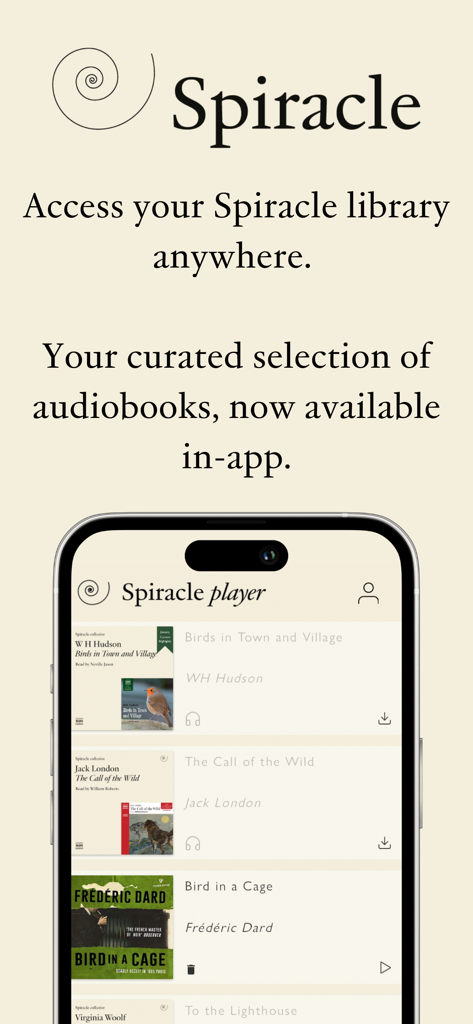 Spiracle Player - Spiracle Player app interface showing a curated library of literary audiobooks