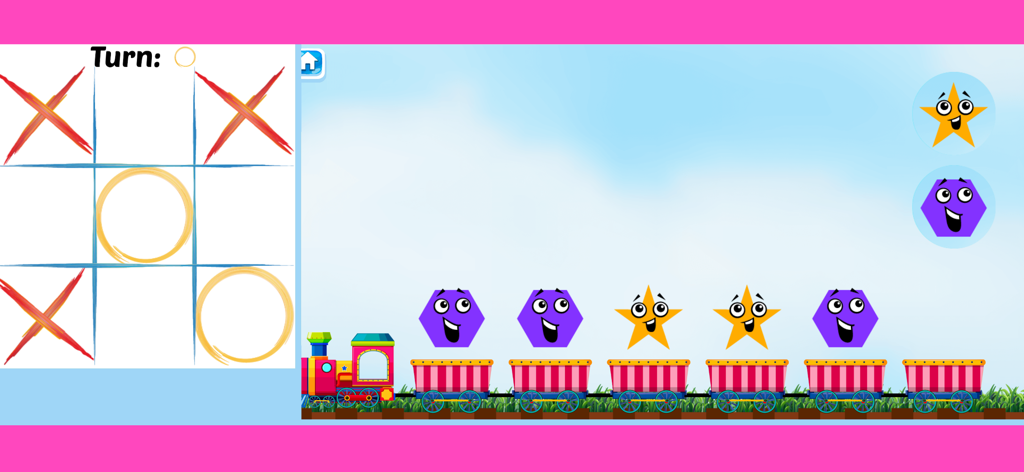 משחקי חשיבה לכל המשפחה שובי - Una pantalla de juego de la aplicación Shubi que muestra el Tres en Raya junto a un tren de juguete que transporta alegres formas geométricas