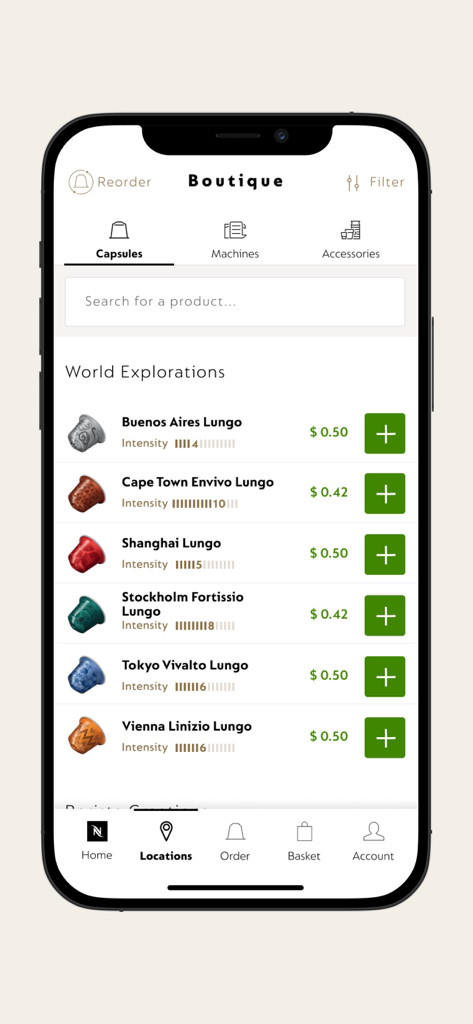 L'écran de la boutique de l'application Nespresso présente différentes capsules de café, comme Buenos Aires et Cape Town Lungo, avec leurs prix et les boutons « Ajouter au panier ».