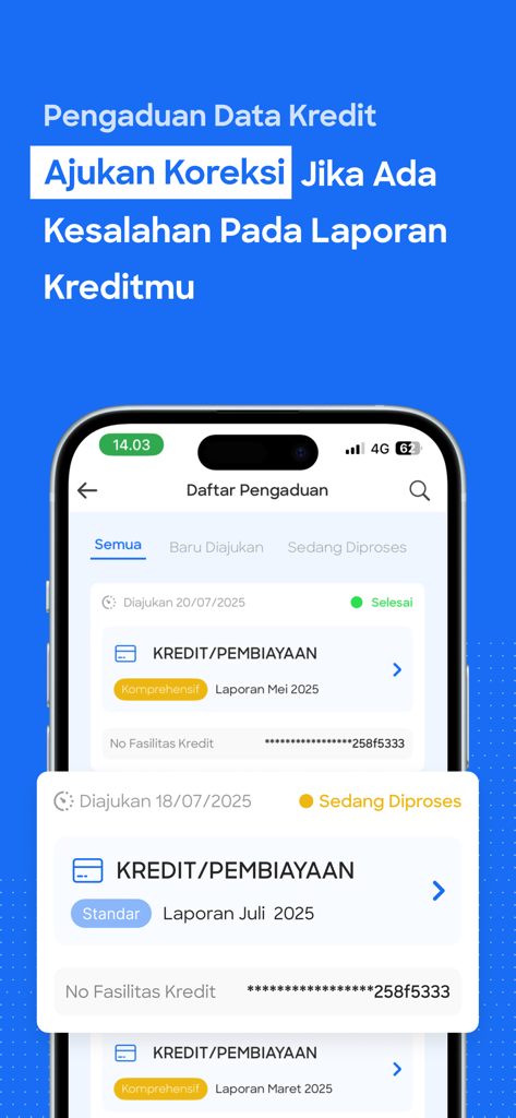 SkorKu app screen showing a list of credit data complaints and the option to request corrections on a credit report.