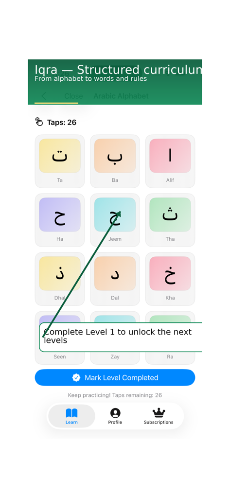 Learn Quran Reading by-Steps - A screen from the Iqra app showing interactive Arabic alphabet tiles and a progress tracker for Level 1.