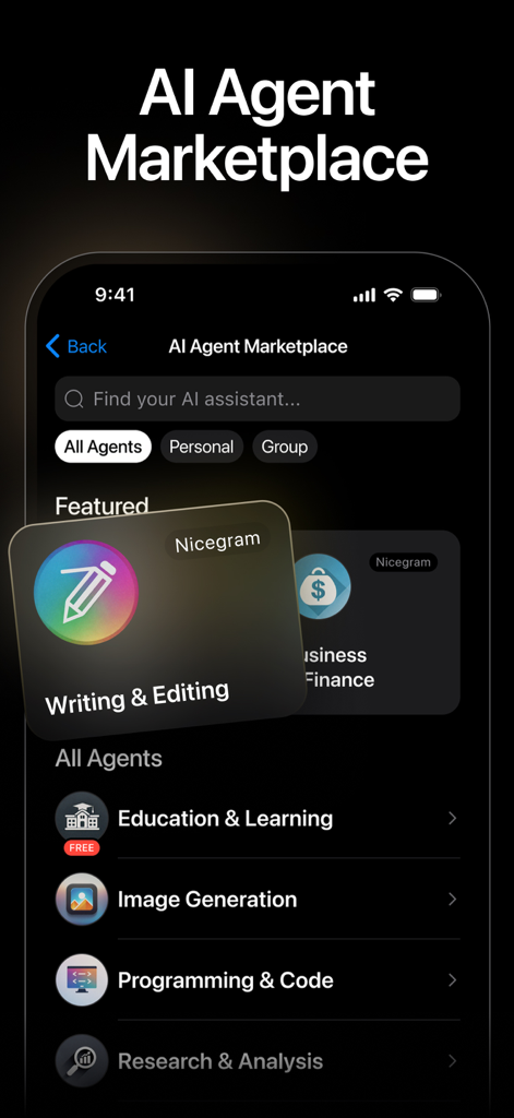 Nicegram: Web3 for Telegram X - Nicegram app interface showing the AI Agent Marketplace with categories for writing business education and image generation
