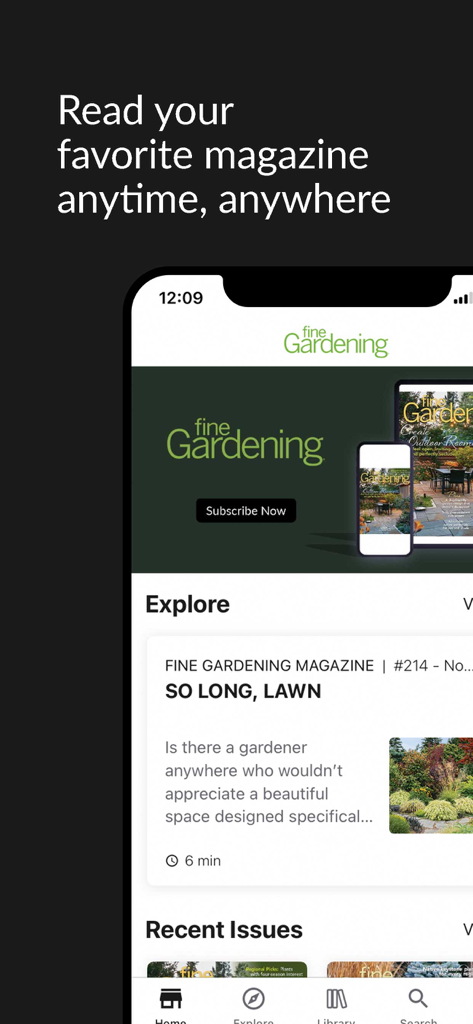 Fine Gardening Magazine - Fine Gardening Magazine mobile app home screen showing the explore section and recent magazine issues
