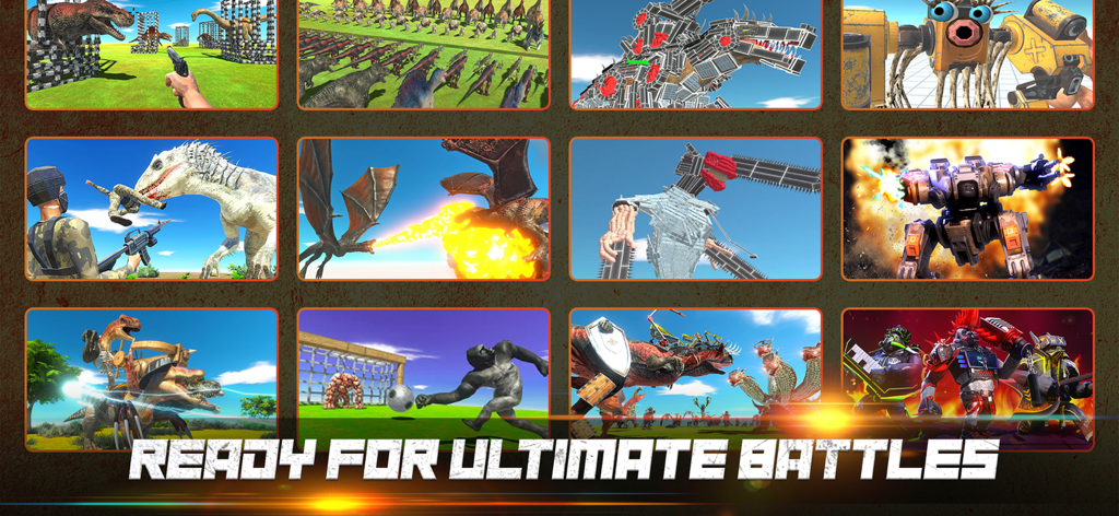 Animal Revolt Battle Simulator - 戦闘中の恐竜、ドラゴン、ロボットモンスターが登場する多様なゲームプレイシーンのコラージュ