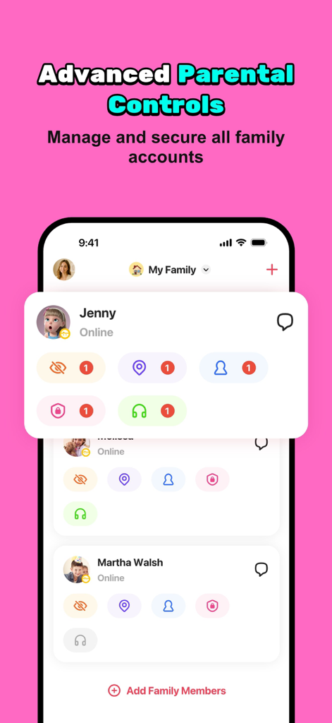 JusTalk Family Messenger advanced parental controls dashboard showing managed family accounts.