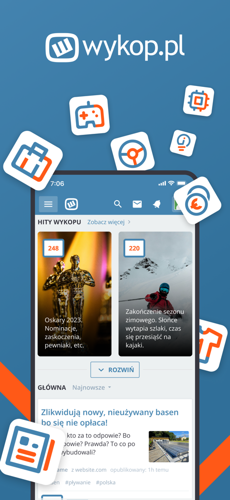 Wykop - Smartphone che mostra la schermata principale dell'app Wykop con schede di notizie polacche e icone di categoria fluttuanti
