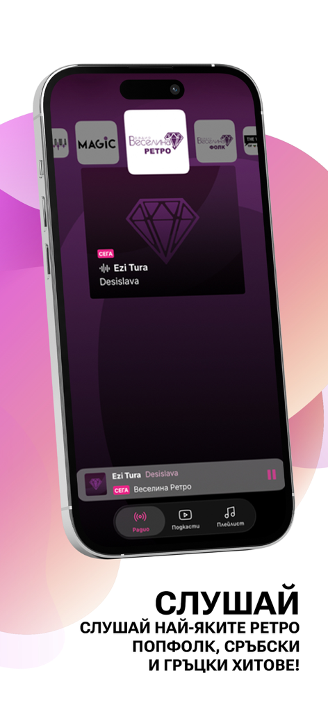 Interfaz de la aplicación Radio ON reproduciendo la estación Veselina Retro