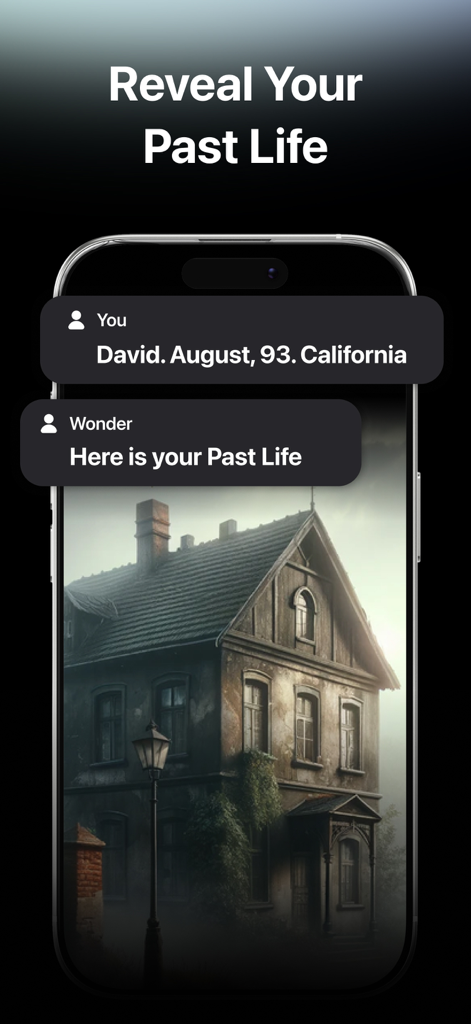 Interface de l'application Wonder AI Art Generator montrant la fonctionnalité Révéler votre vie passée avec une illustration de maison gothique